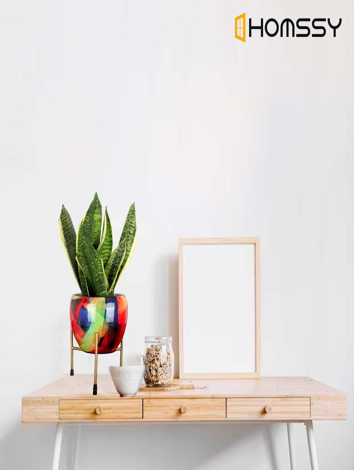 homssy printed metal planter with tripod metal stand multicolour for home decor (pack of 2) - 21092372 - Standard Image - 2