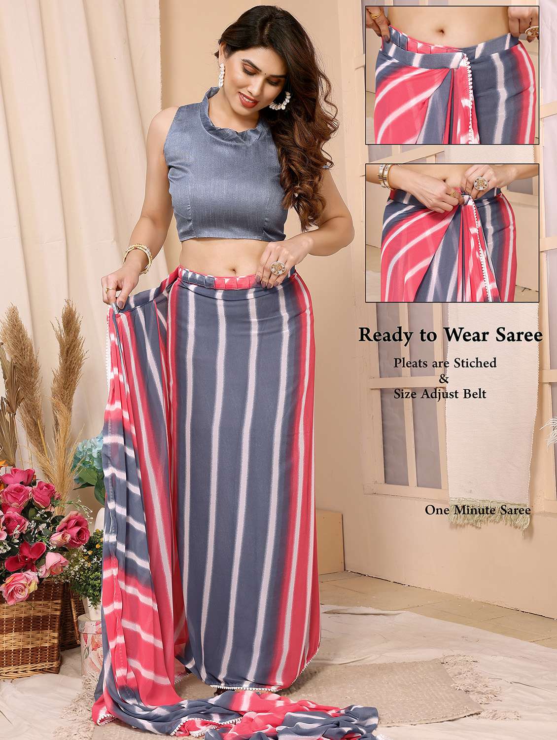 women pink leheriya printed lace work saree with blouse - 21093543 -  Standard Image - 2