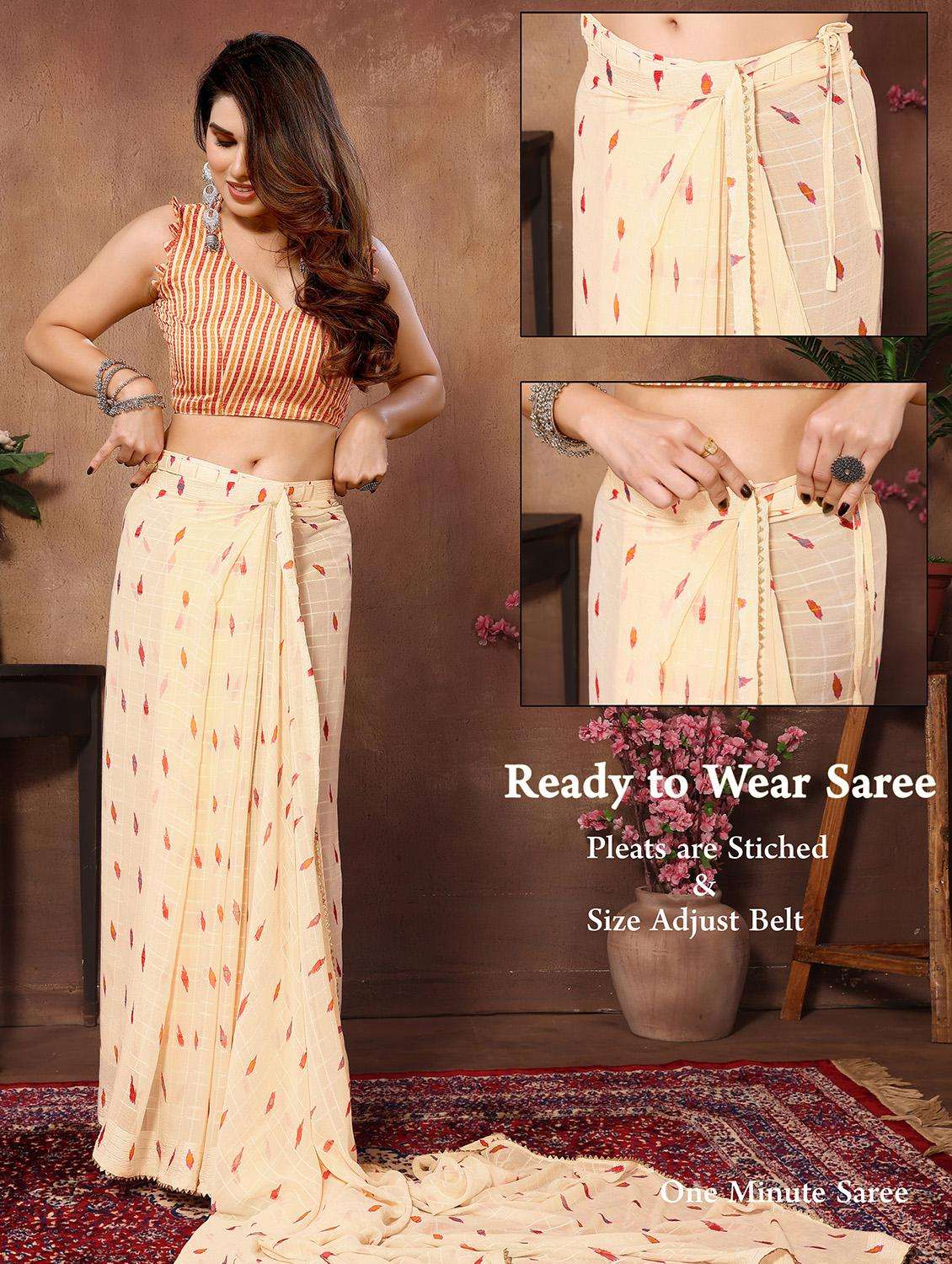 women cream printed lace work saree with blouse - 21093545 -  Standard Image - 2