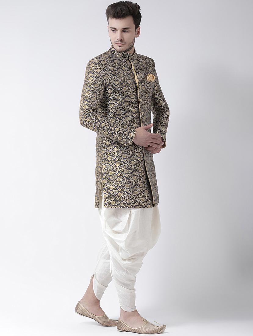 men navy blue self design detailed sherwani - 21097437 - Standard Image - 2