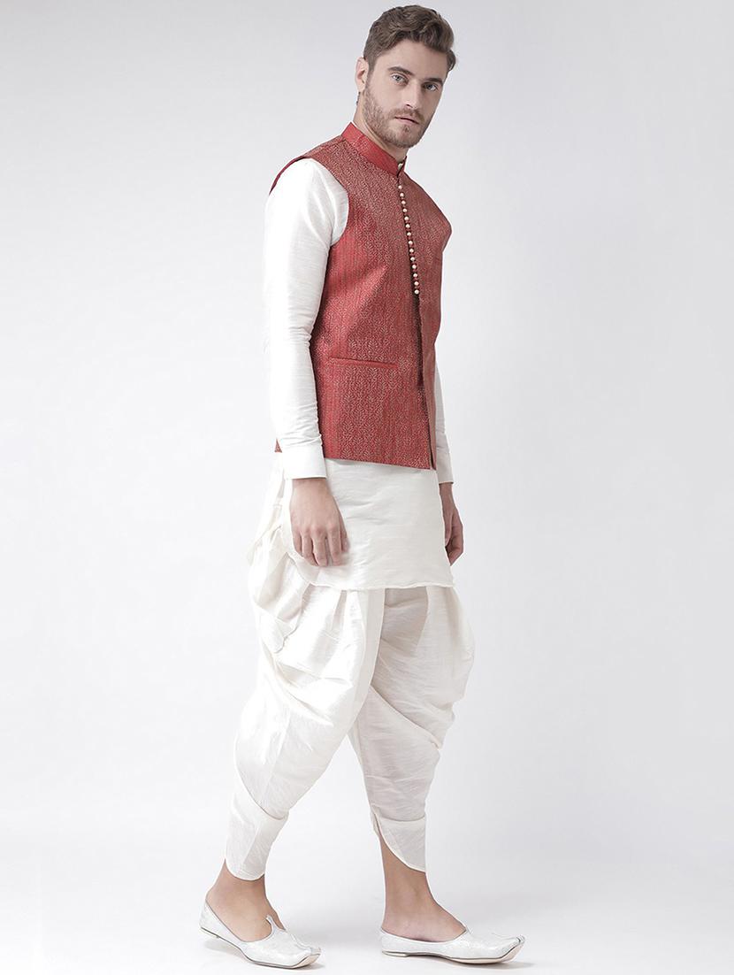 men white & maroon self design dhoti kurta set - 21097494 - Standard Image - 2