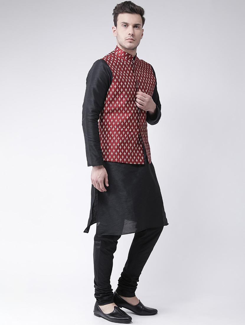 men maroon & black printed kurta pyjama & jacket set - 21097594 - Standard Image - 2