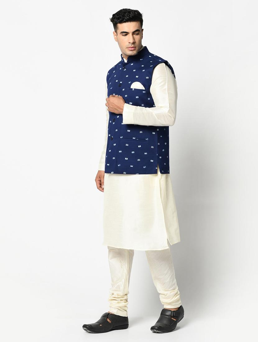 men white & blue printed kurta pyjama & jacket set - 21097766 - Standard Image - 2