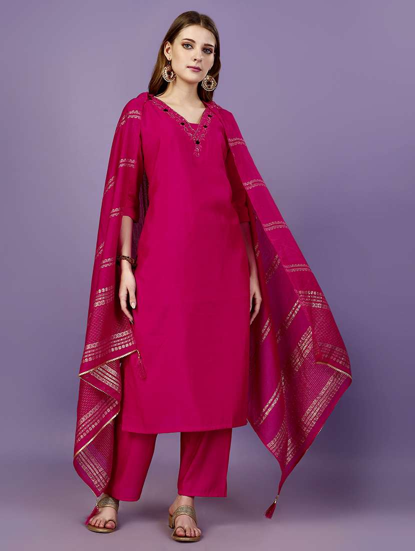 women three quarter sleeve kurta pant with dupatta set