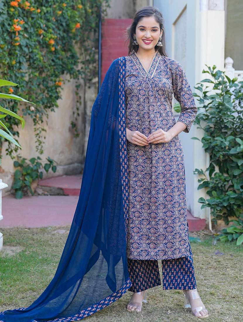 women blue kurta palazzo set with dupatta