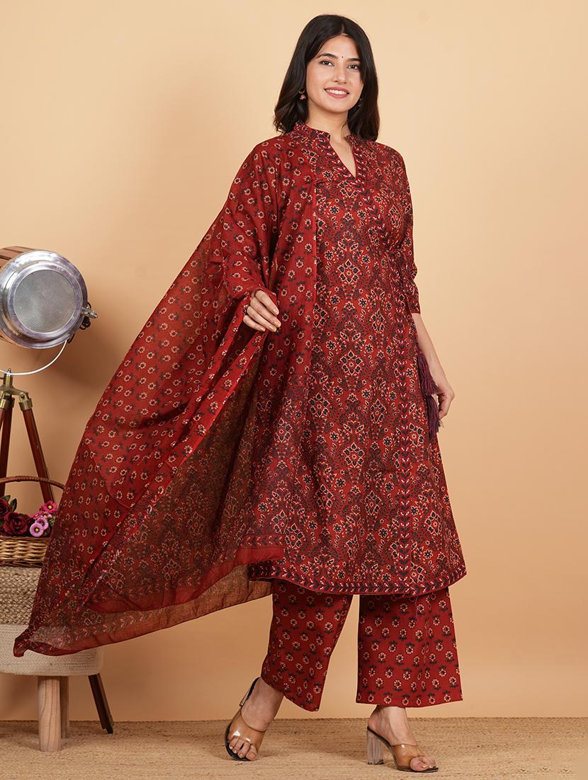 maroon kurta palazzo set with dupatta - 21098906 - Zoom Image - 0