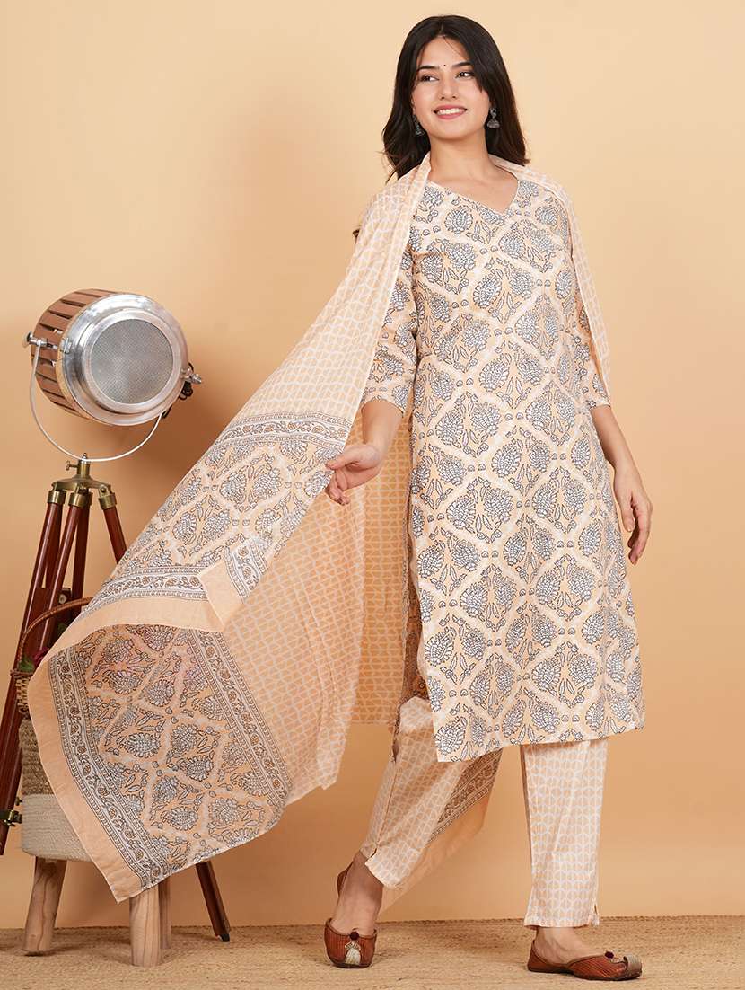 beige v neck kurta pant suit set