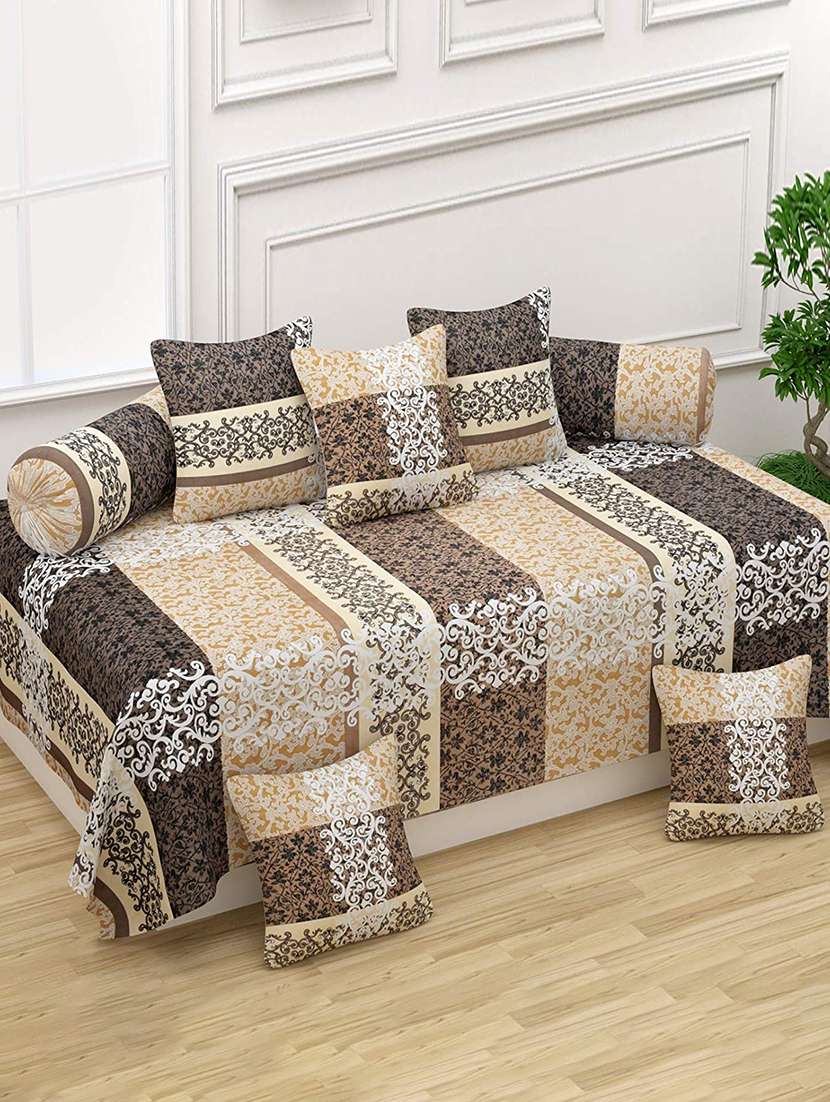 mayuri overseas presents 8 pcs diwan set - 1 single bedsheet, 2 bolster covers, 5 cushion covers - multicolor