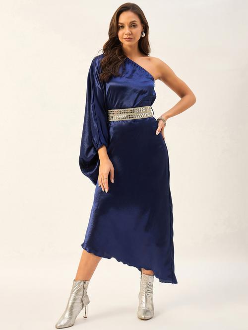 navy blue polyester single shoulder dress - 21099698 - Standard Image - 0