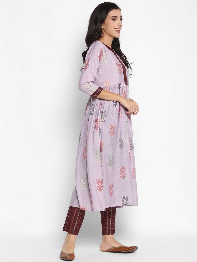 women lavender mandarin neck kurta pant set - 21100710 - Standard Image - 2