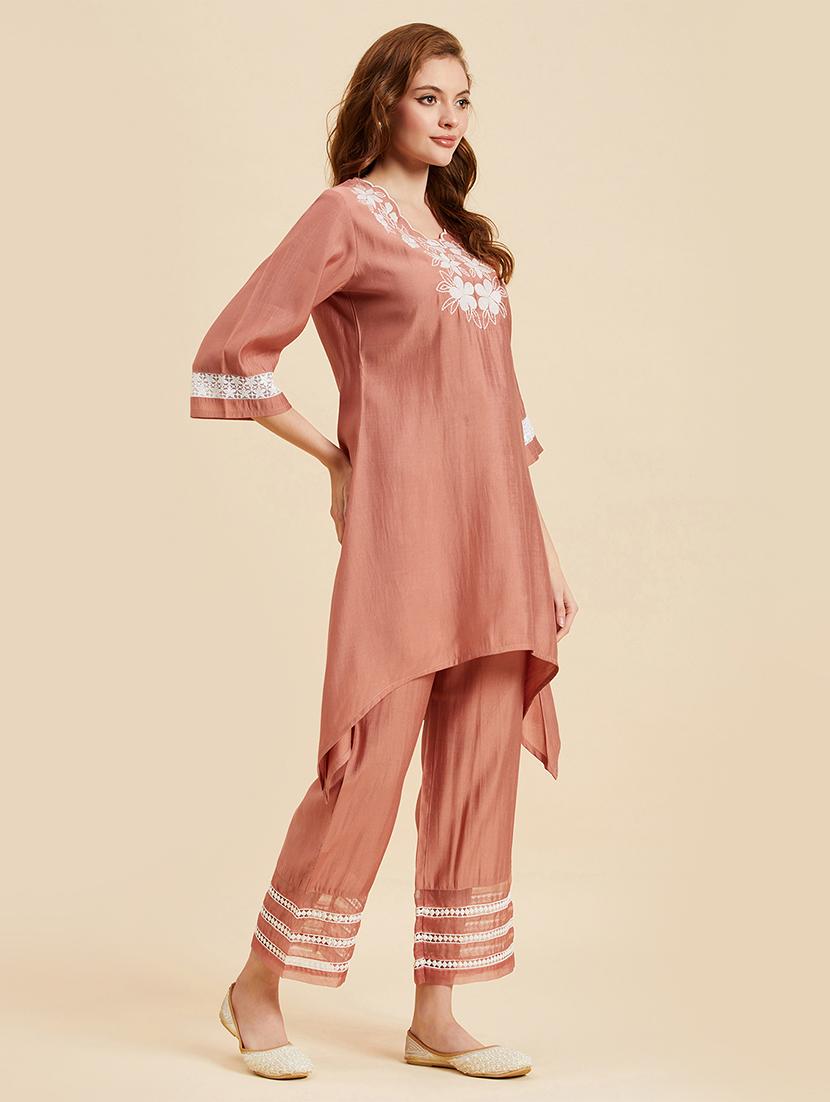 women peach embroidered detailed top & palazzo set