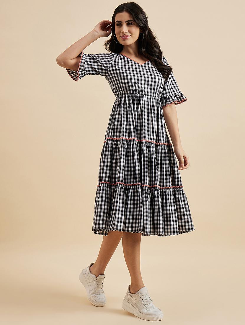 women black & white checked printed tiered dress