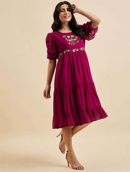 women magenta embroidered fit & flare dress - 21102129 - Standard Image - 0