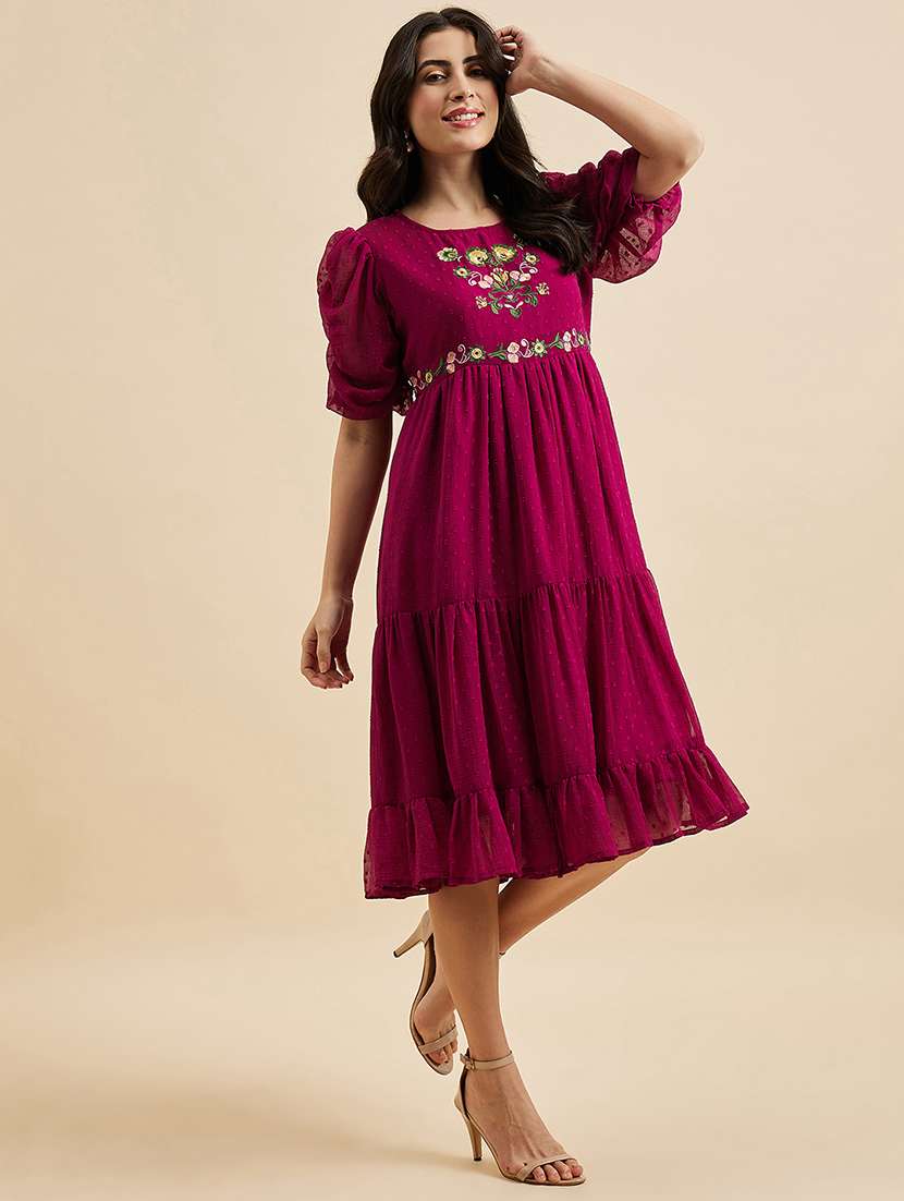 women magenta embroidered fit & flare dress