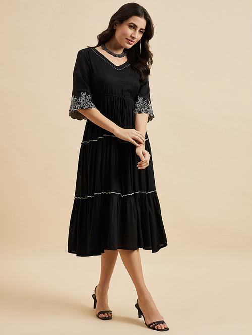 women black embroidered tiered dress - 21102136 -  Standard Image - 0