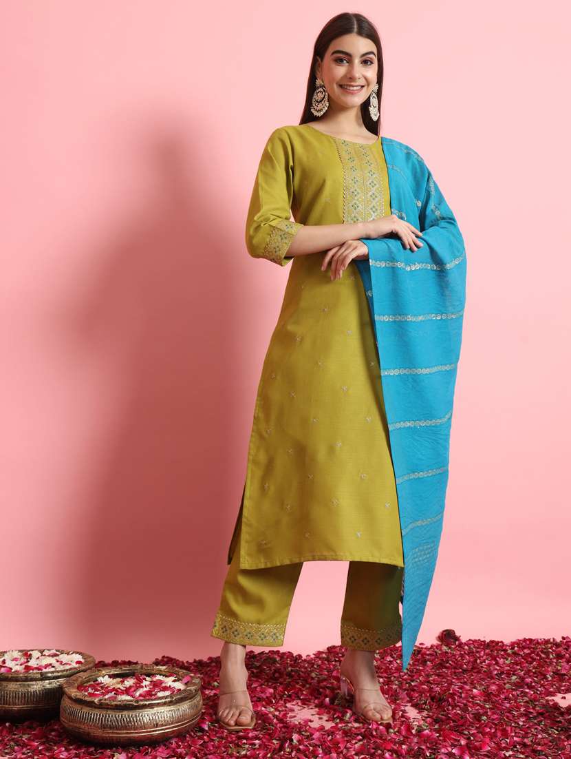 women solid with work kurta pant with dupatta suit set