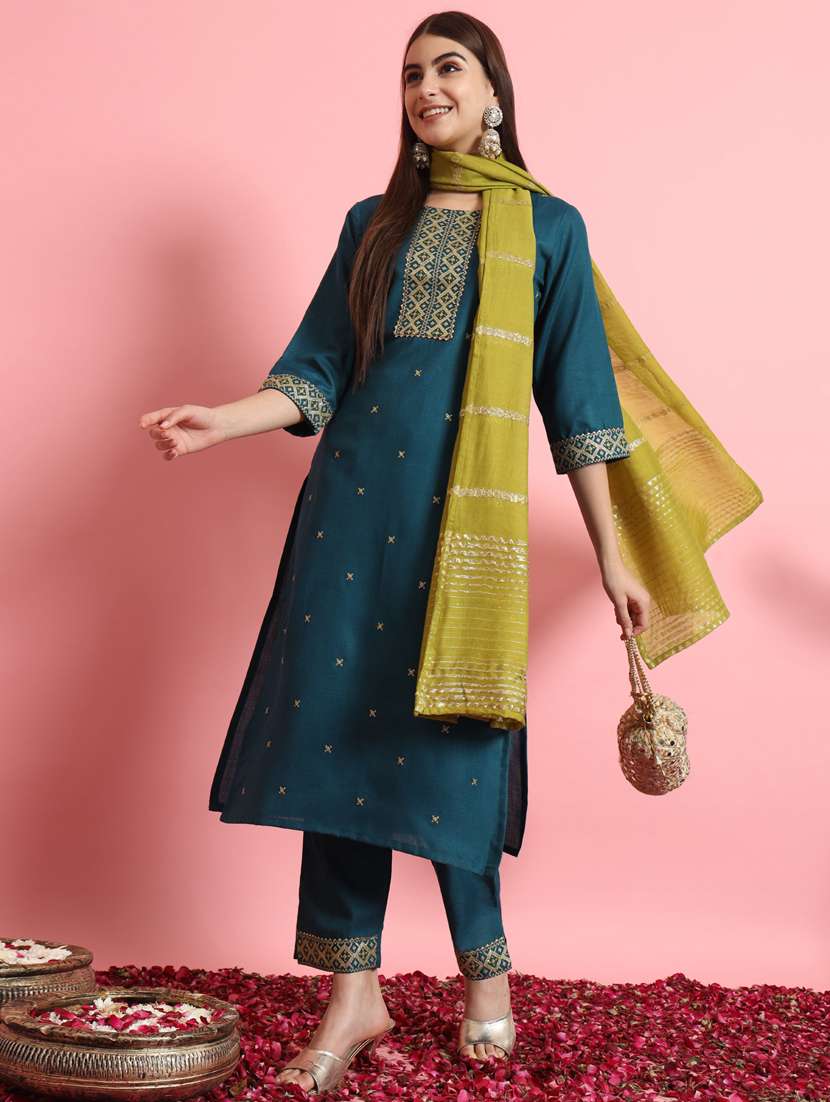women three quarter sleeve kurta pant with dupatta set