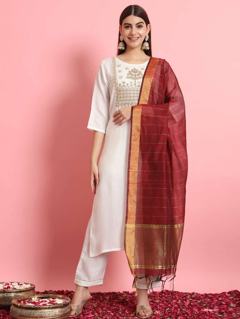 women three quarter sleeve kurta pant with dupatta set