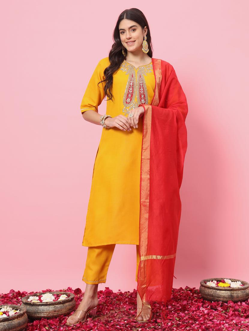 women embroidered kurta bottom with dupatta suit set
