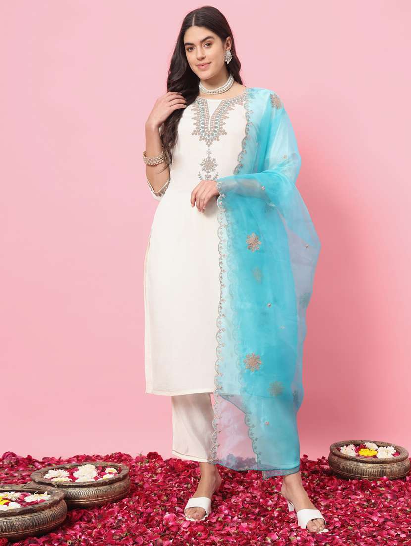 women three quarter sleeve kurta pant with dupatta set