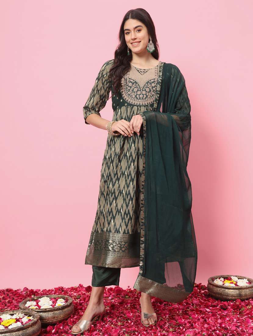 women ikat print kurta bottom with dupatta suit set