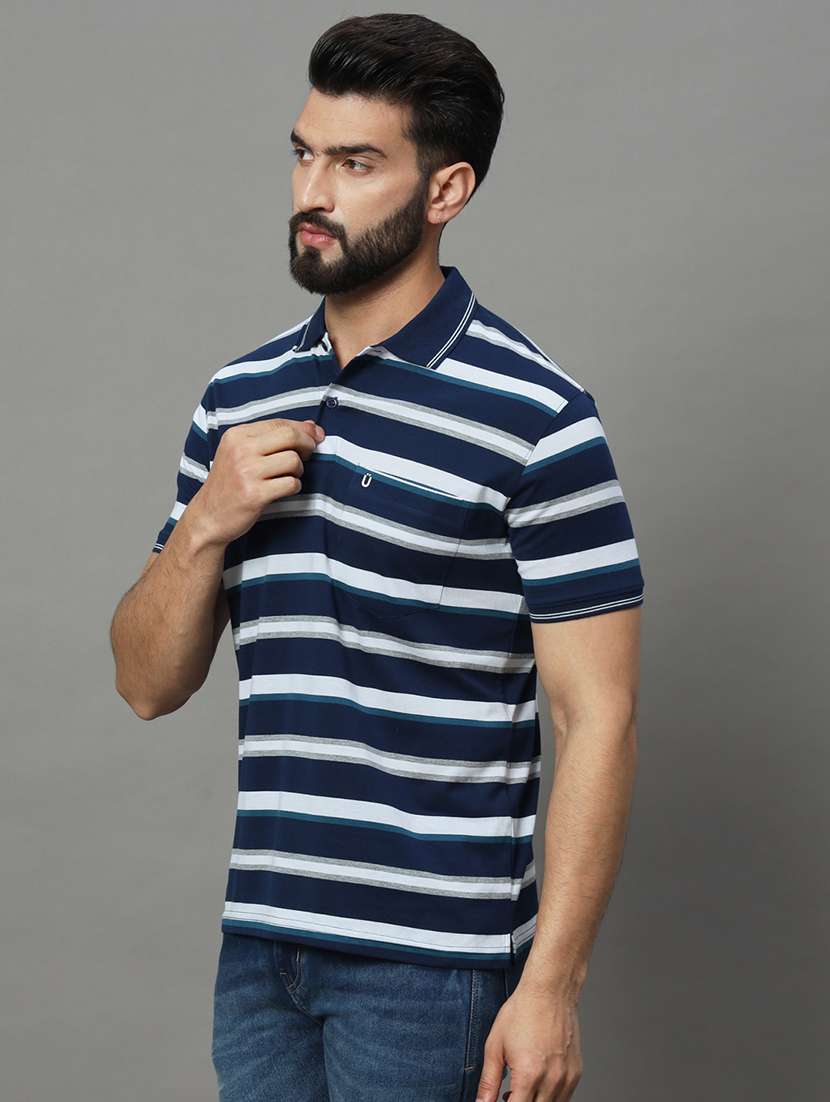 men navy blue regular fit striped polo t-shirt