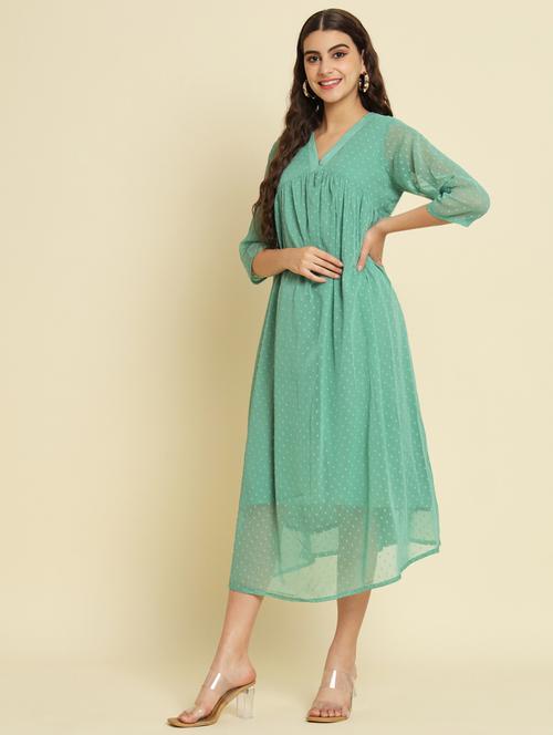women green self design detailed dress - 21102298 - Standard Image - 0