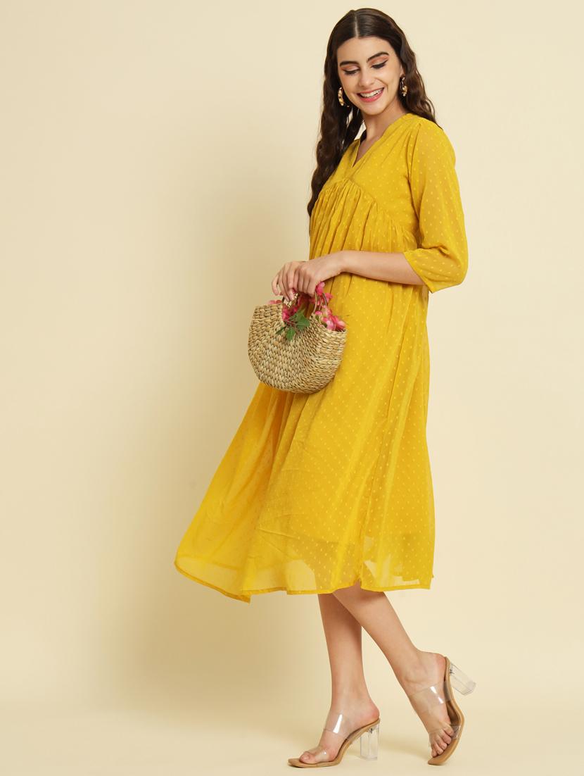 women yellow self design detailed dress - 21102300 - Zoom Image - 0