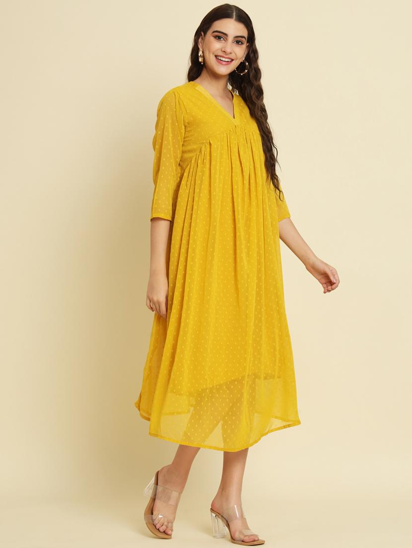 women yellow self design detailed dress - 21102300 - Standard Image - 2