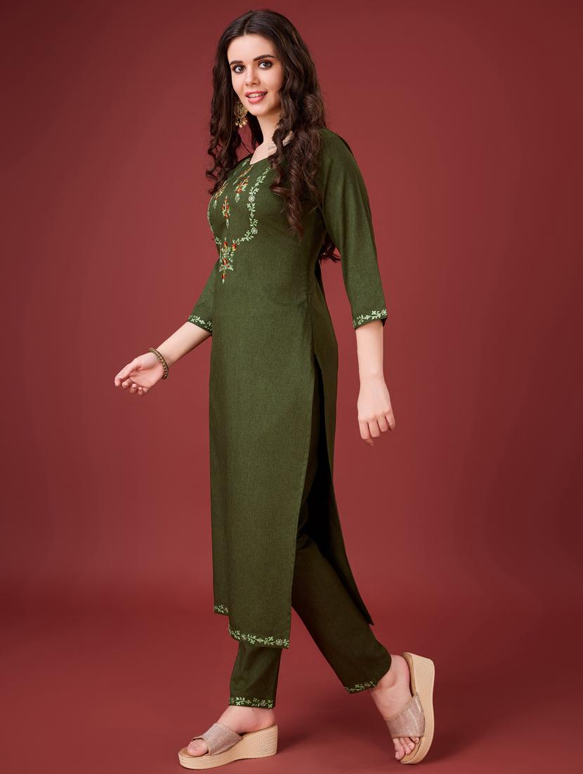 women olive embroidered kurta pant set - 21102924 - Standard Image - 2