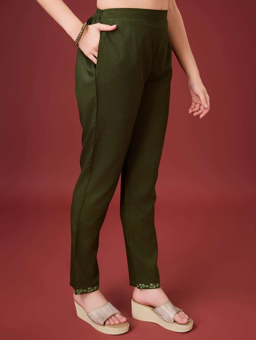 Women Olive Embroidered Kurta Pant Set