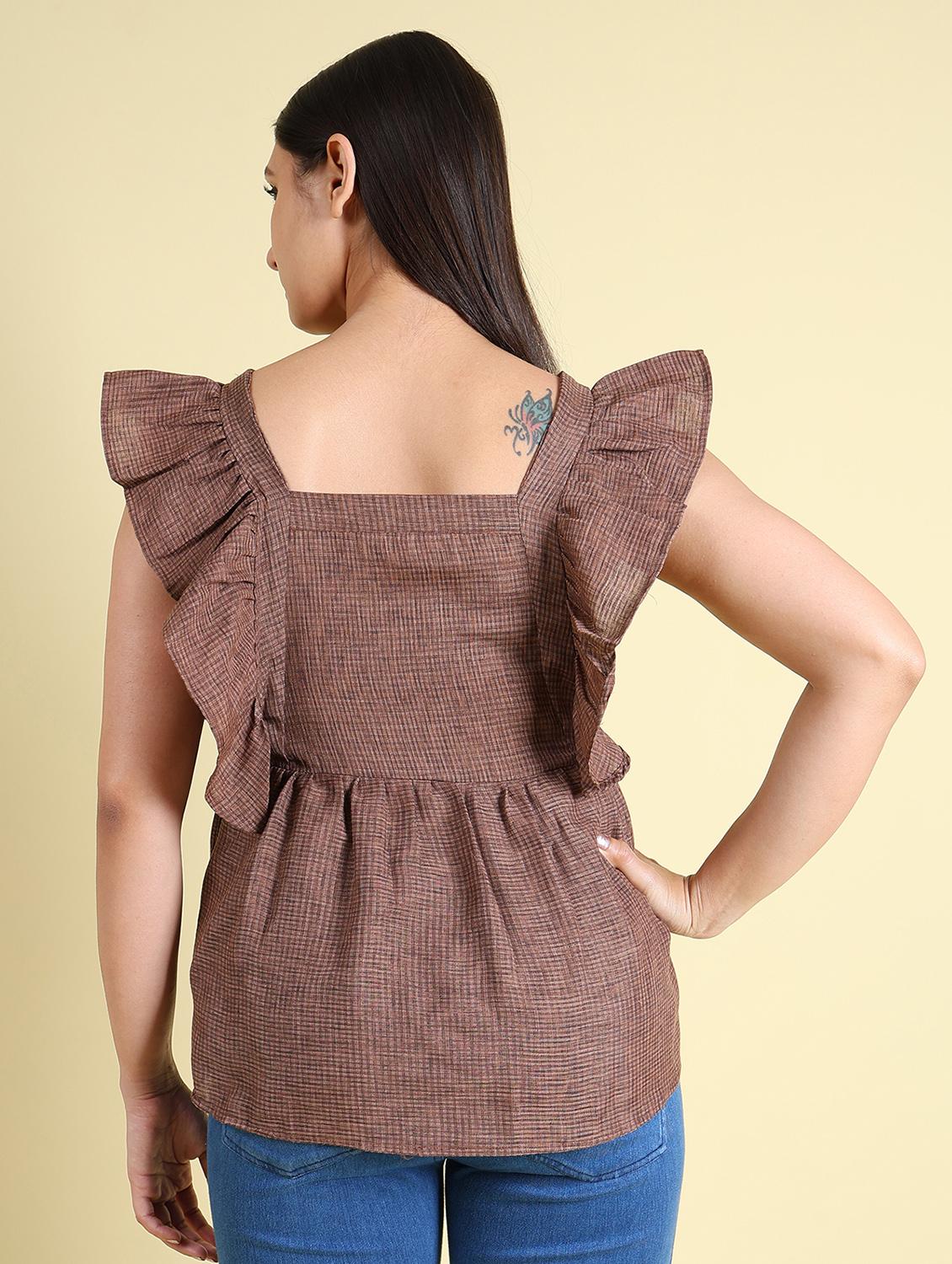 women brown checked printed detailed top - 21102939 - Standard Image - 2