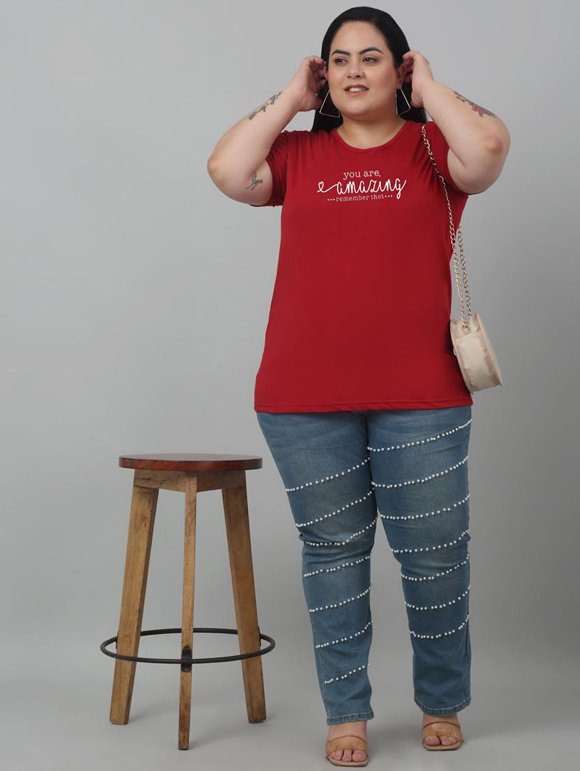 women round neck chest print plus size t-shirt - 21103010 - Standard Image - 2