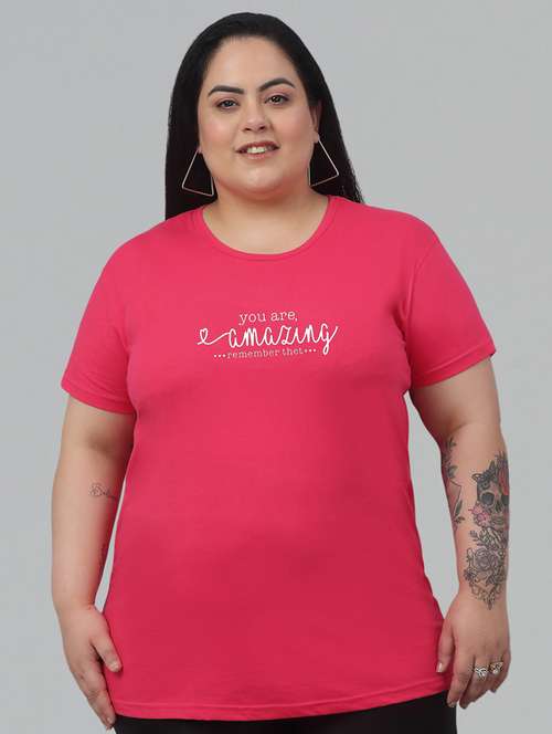women round neck chest print plus size t-shirt - 21103013 -  Standard Image - 0