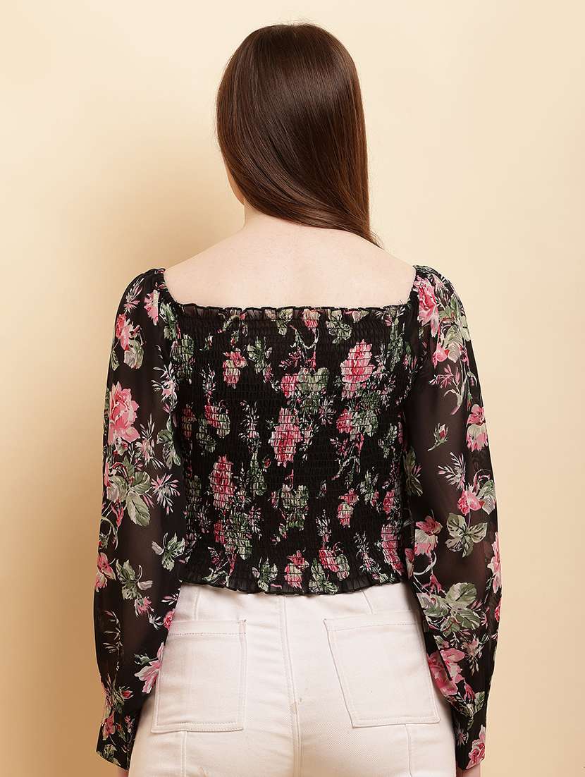 black frolals printed square neck crop top - 21103062 -  Standard Image - 2