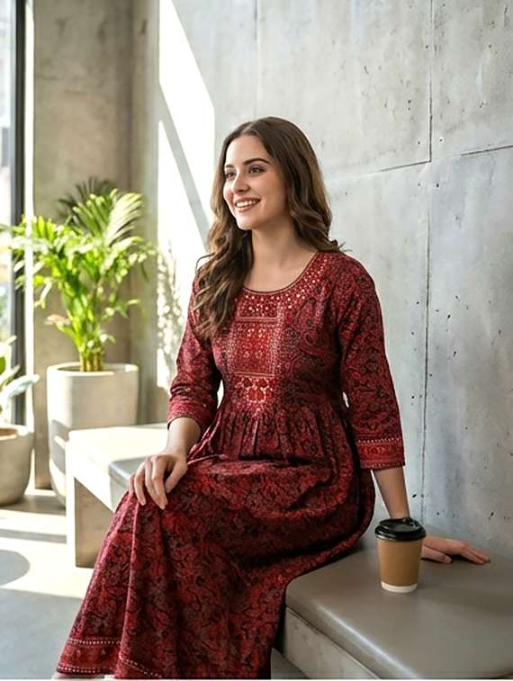 women printed three quarter sleeve kurta - 21104456 -  Standard Image - 2