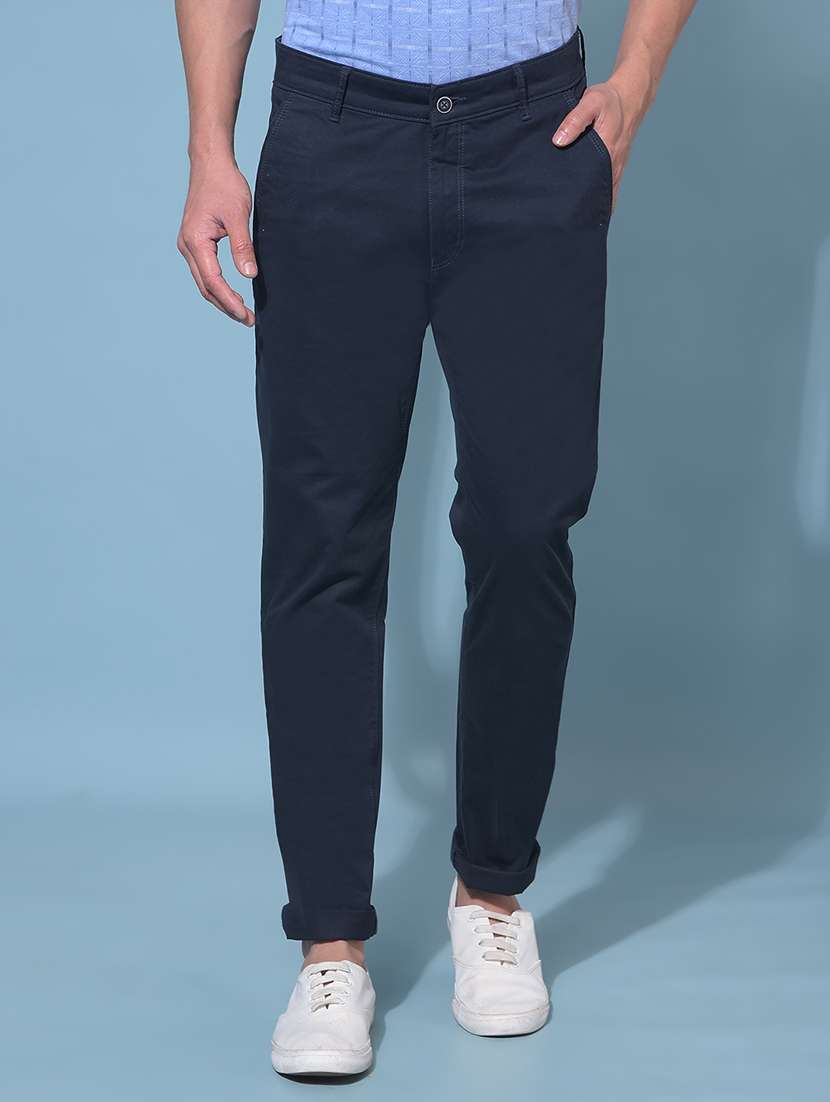 men solid navy blue chinos trouser