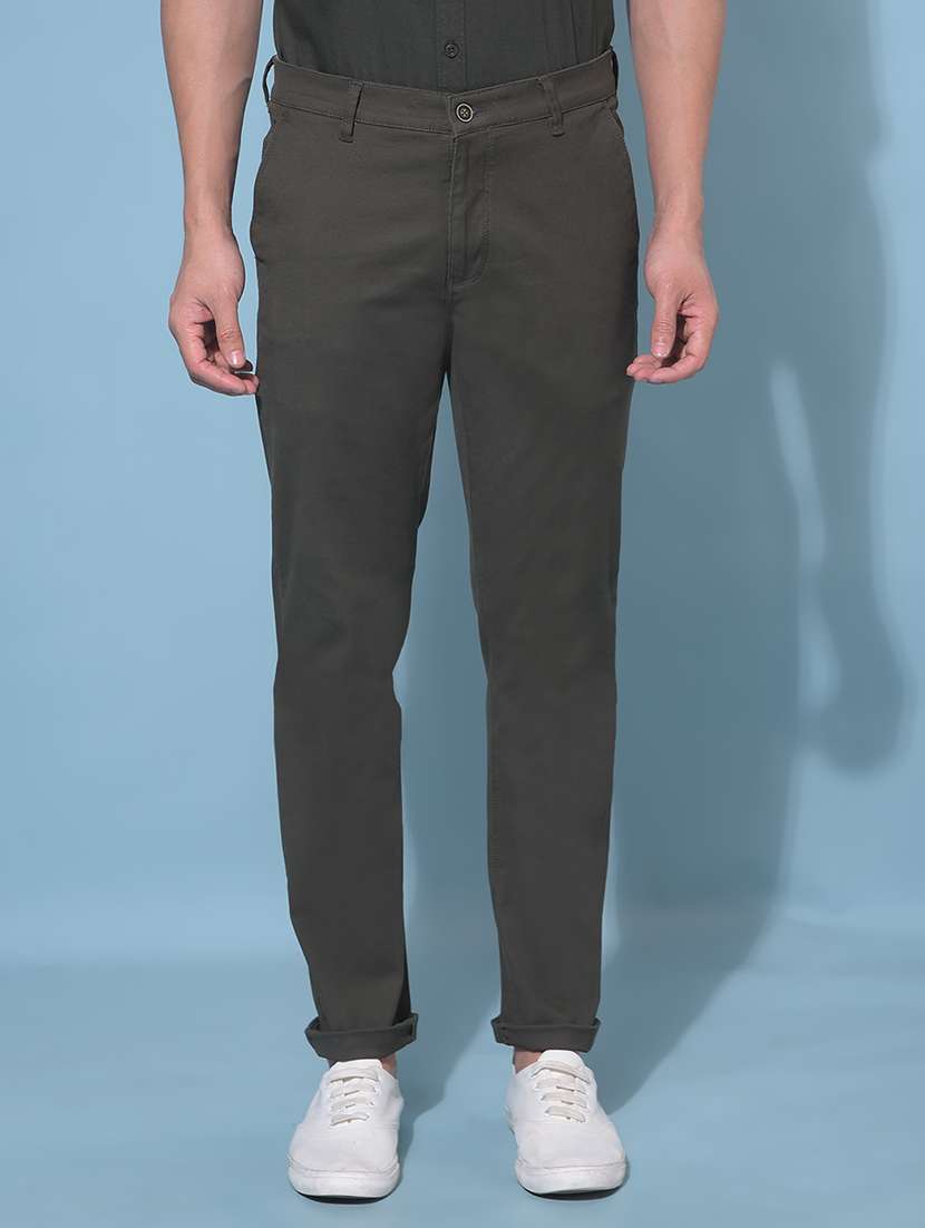 men solid olive green flat front trouser