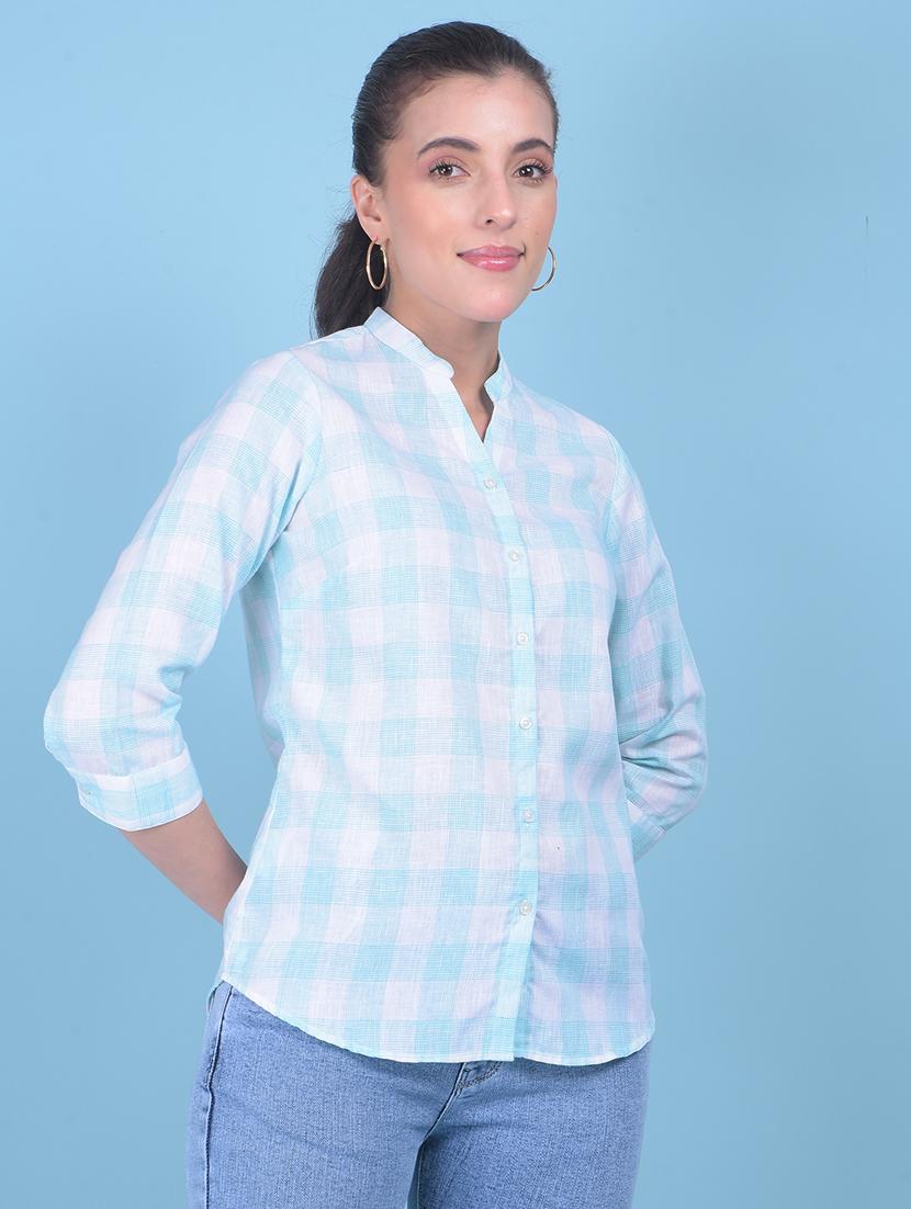 women checkered mandrain neck shirt - 21110817 - Standard Image - 2
