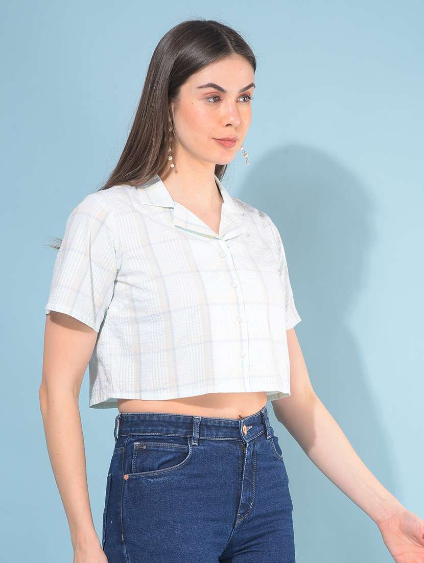 women checkered collared crop shirt - 21110838 -  Standard Image - 2