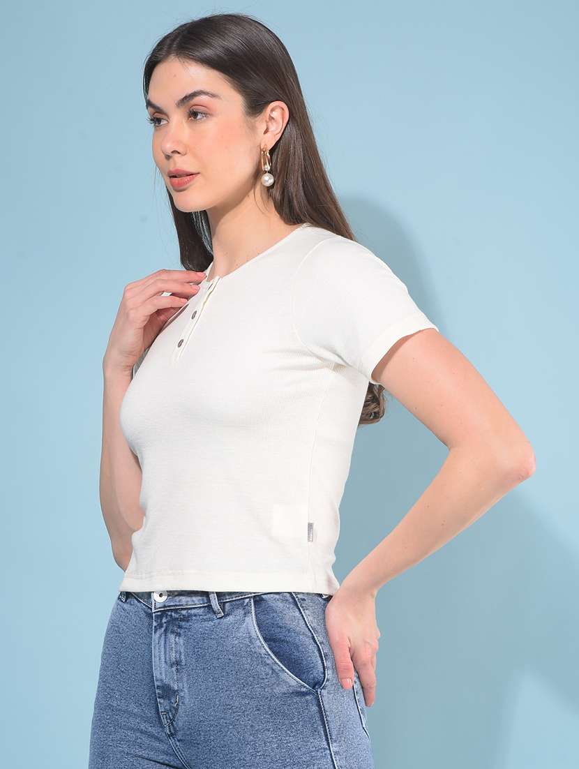 women round neck solid crop t-shirt