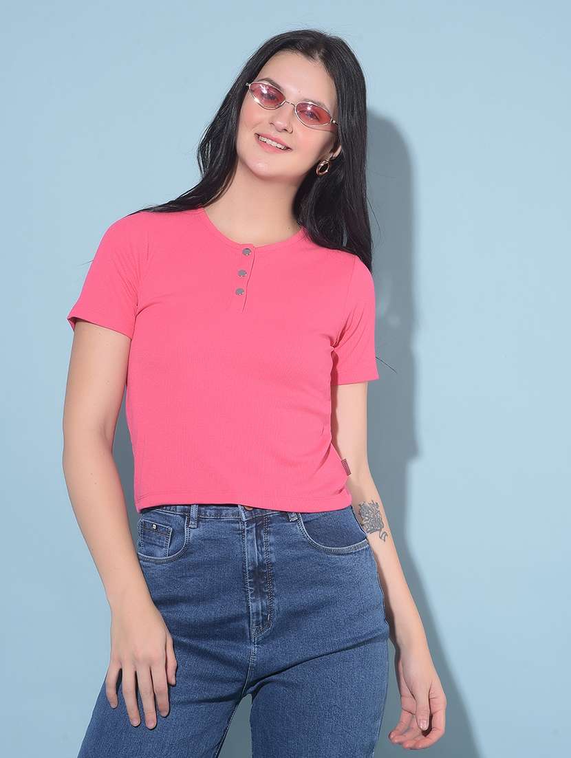 women solid round neck crop t-shirt