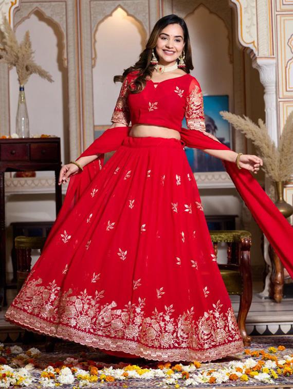 red flared semi stitched lehenga - 21113479 - Standard Image - 2