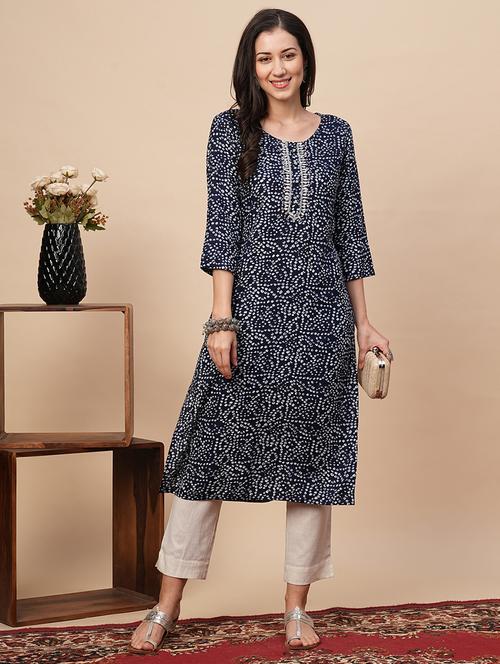 navy blue bandhani printed straight kurta - 21116265 - Standard Image - 0