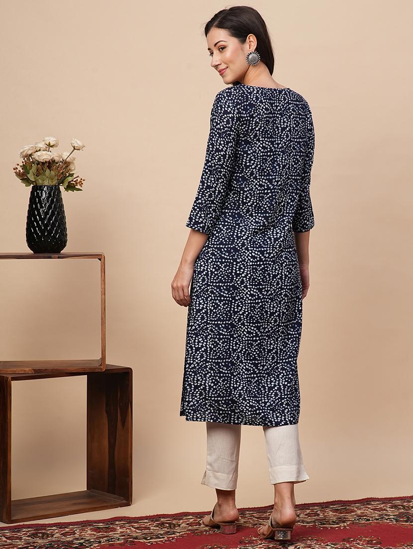 navy blue bandhani printed straight kurta - 21116265 - Standard Image - 2