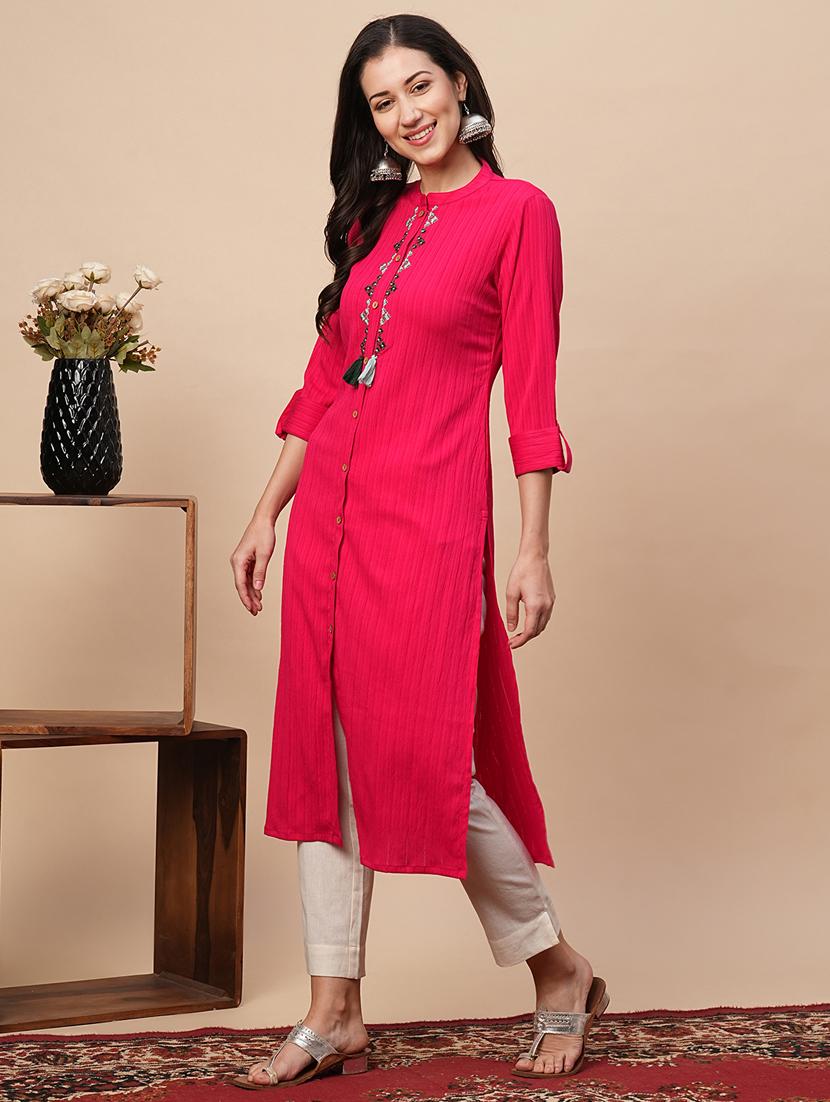 pink embroidered front & side both slit kurta - 21116267 - Standard Image - 2
