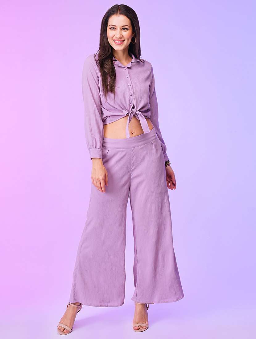 lavender polyester top and palazzos co-ord set