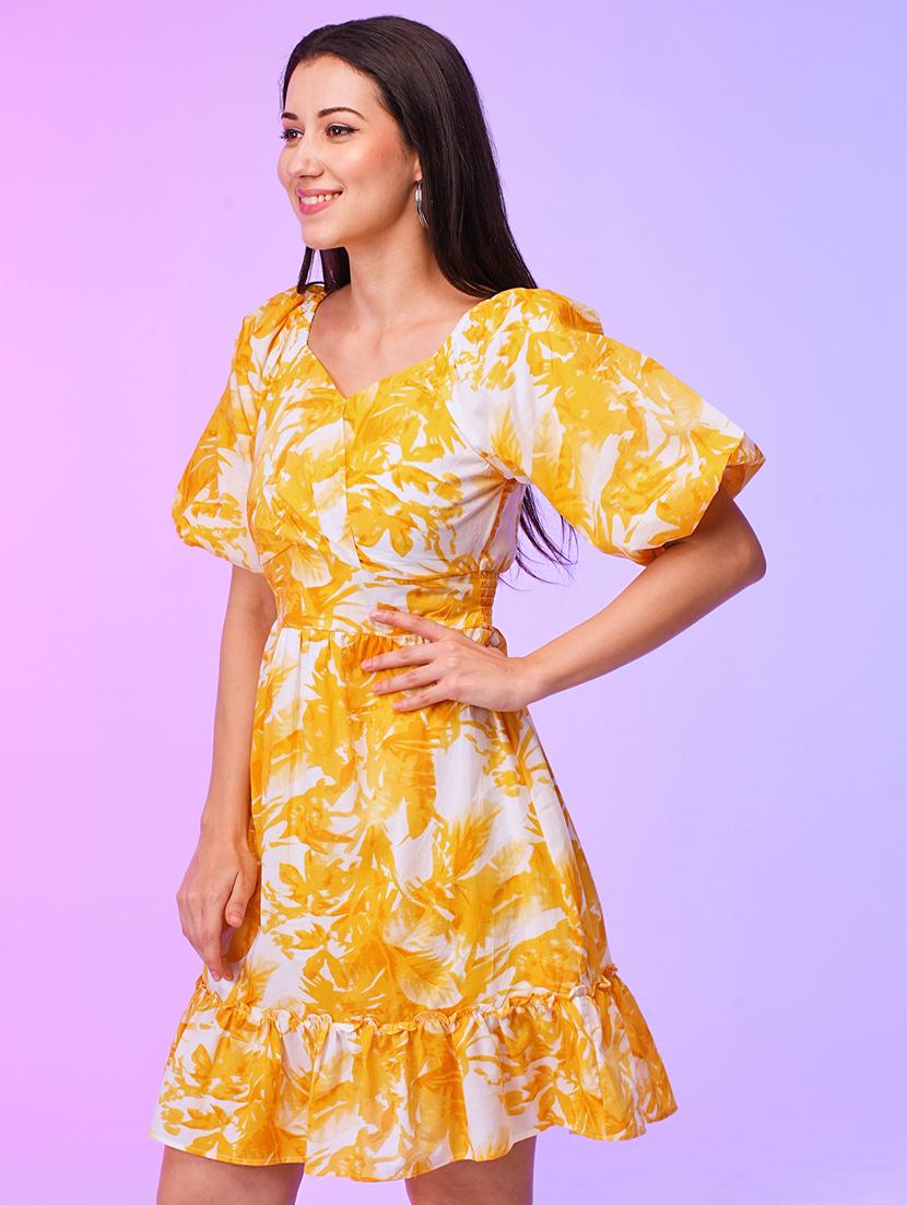globus women yellow floral print wrap neck balloon sleeves fit & flare summer dress - 21116272 - Zoom Image - 0