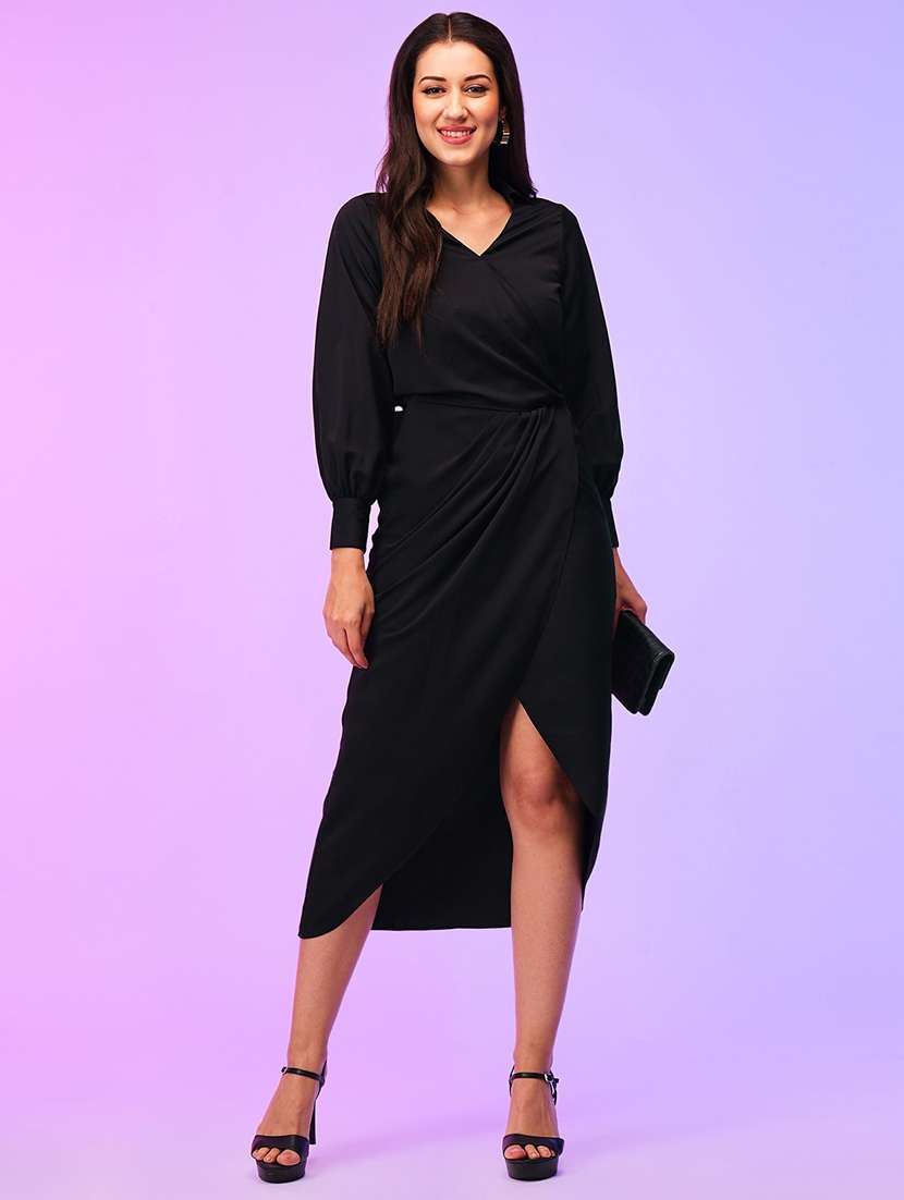 globus women black cuffed sleeves wrap neck tulip hem draped midi party dress
