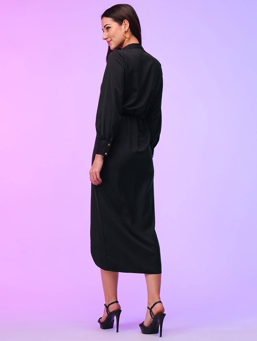 globus women black cuffed sleeves wrap neck tulip hem draped midi party dress - 21116280 - Standard Image - 2